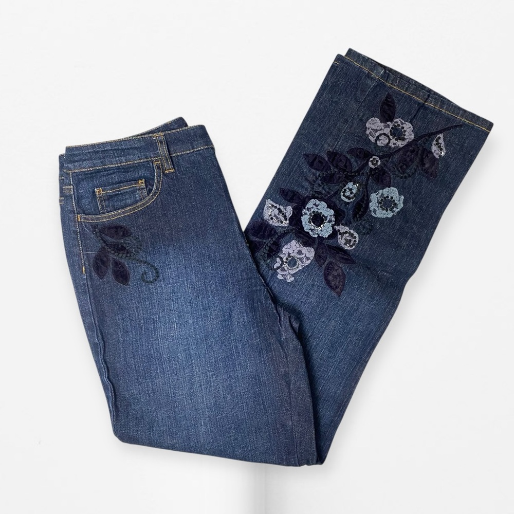 Talbots Blue Straight Leg Jeans with Floral Embroidery accent sz 10